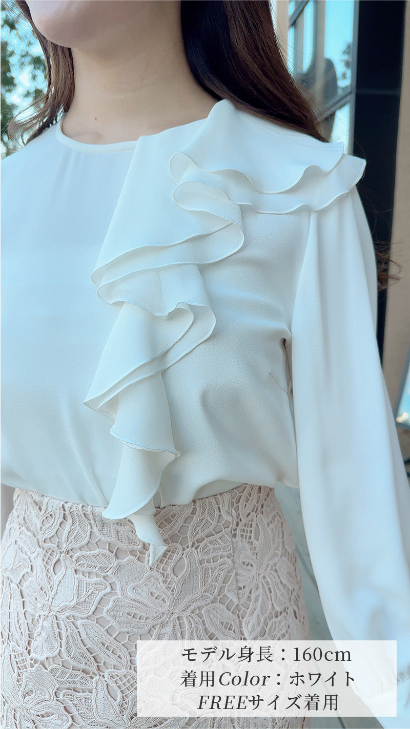 【美品】  ENFOLD / エンフォルド | アシンメトリー ランダムフリル ブラウス | 38 | ネイビー | レディース AOYAMA 【洋服の青山】《最短当日発送》春夏 秋冬 ネイビー