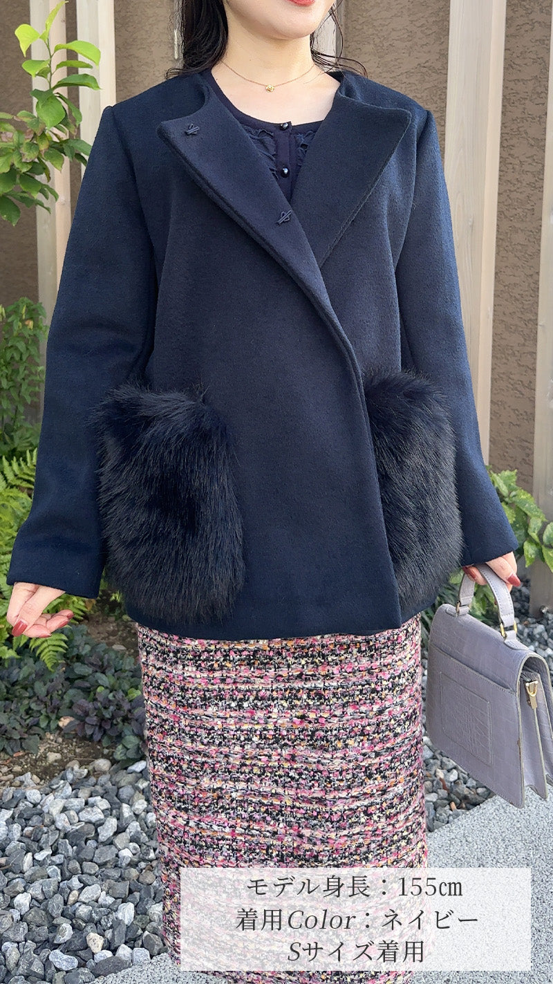 🍂秋冬コーデ🍂 コート　ポケット　ファー付　ハーフ丈　フェリーシェル　fch112-0732
