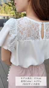 【🌸大人気ブラウス🌸即日〜3営業日以内発送可能】襟回りレース＆フリル　半袖　ブラウス　半袖　フェリーシェル　fch811-0780