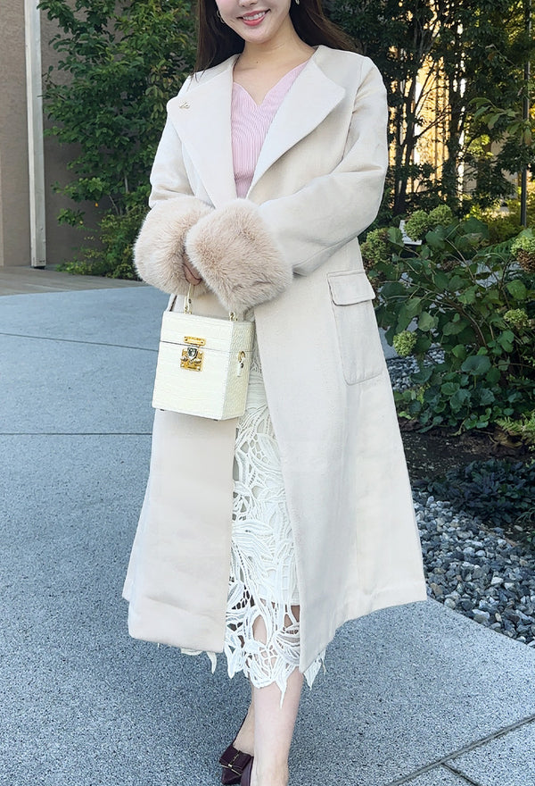 🎀コート🎀　ノーカラー　袖ファー　ロング丈　フェリーシェル　fch112-0718