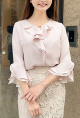 【新色🌸バニラ登場】 ブラウス　バーフリル襟　花びら袖 7分丈　フェリーシェル　fch811-0777