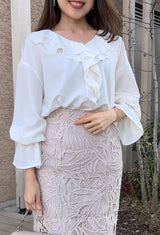 【新作】襟2段フリル　袖フレアーブラウス長袖　フェリーシェル　fch821-0806