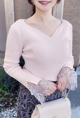🌷追加販売🌷即日〜3日営業日以内発送🌟ニット　ハートネック　袖口　レース　リブ　フェリーシェル　fch412-0730