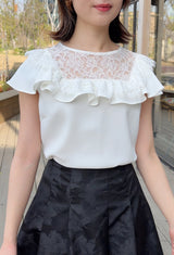 【🌸大人気ブラウス🌸即日〜3営業日以内発送可能】襟回りレース＆フリル　半袖　ブラウス　半袖　フェリーシェル　fch811-0780