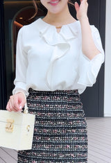 🌸追加販売🌸 即日～3営業日以内に発送可能⭐️ブラウス　バーフリル襟　花びら袖 7分丈　フェリーシェル　fch811-0777