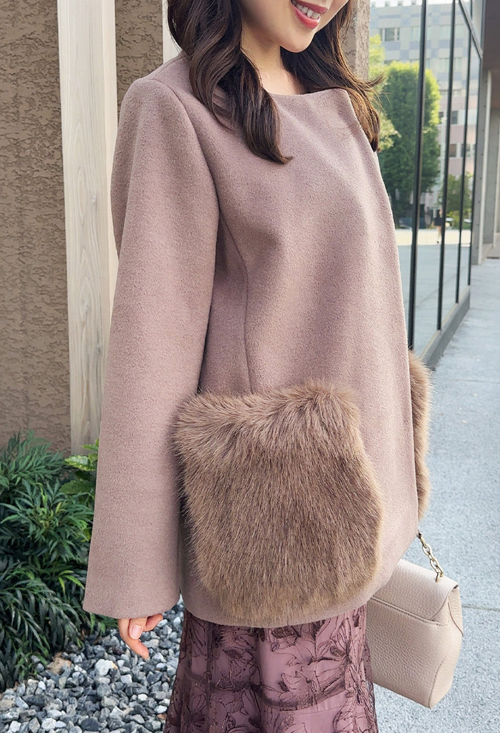 🍂秋冬コーデ🍂 コート ポケット ファー付 ハーフ丈 フェリーシェル