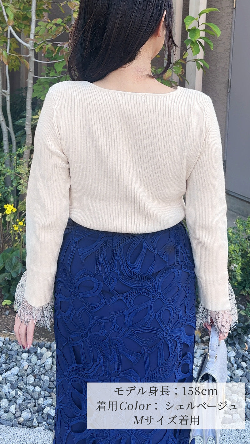 🌟新色登場・先行予約販売🌟ニット　ハートネック　袖口　レース　リブ　フェリーシェル　fch412-0730