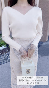 🌷追加販売🌷即日〜3日営業日以内発送🌟ニット　ハートネック　袖口　レース　リブ　フェリーシェル　fch412-0730