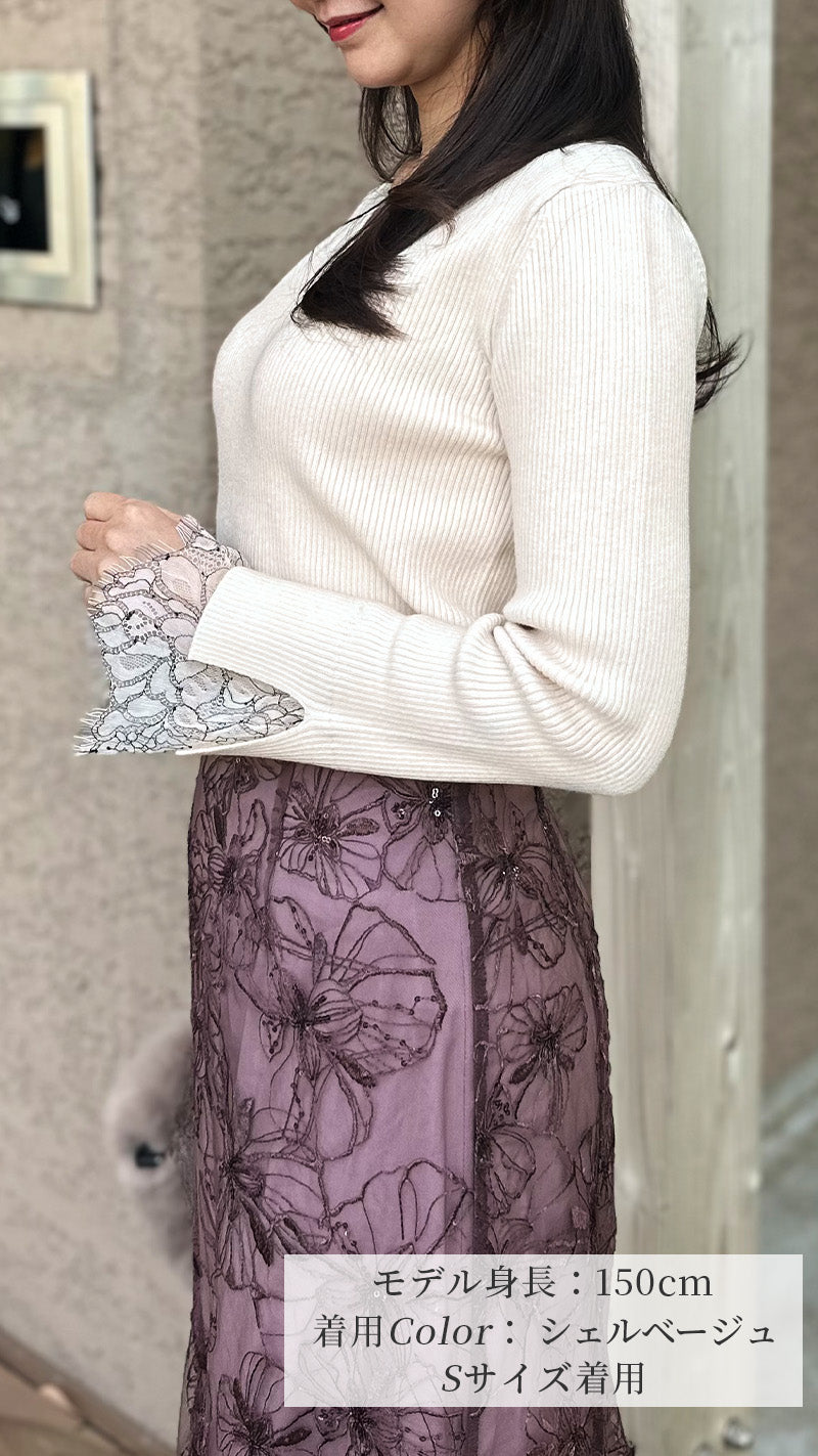 🌟新色登場・先行予約販売🌟ニット　ハートネック　袖口　レース　リブ　フェリーシェル　fch412-0730