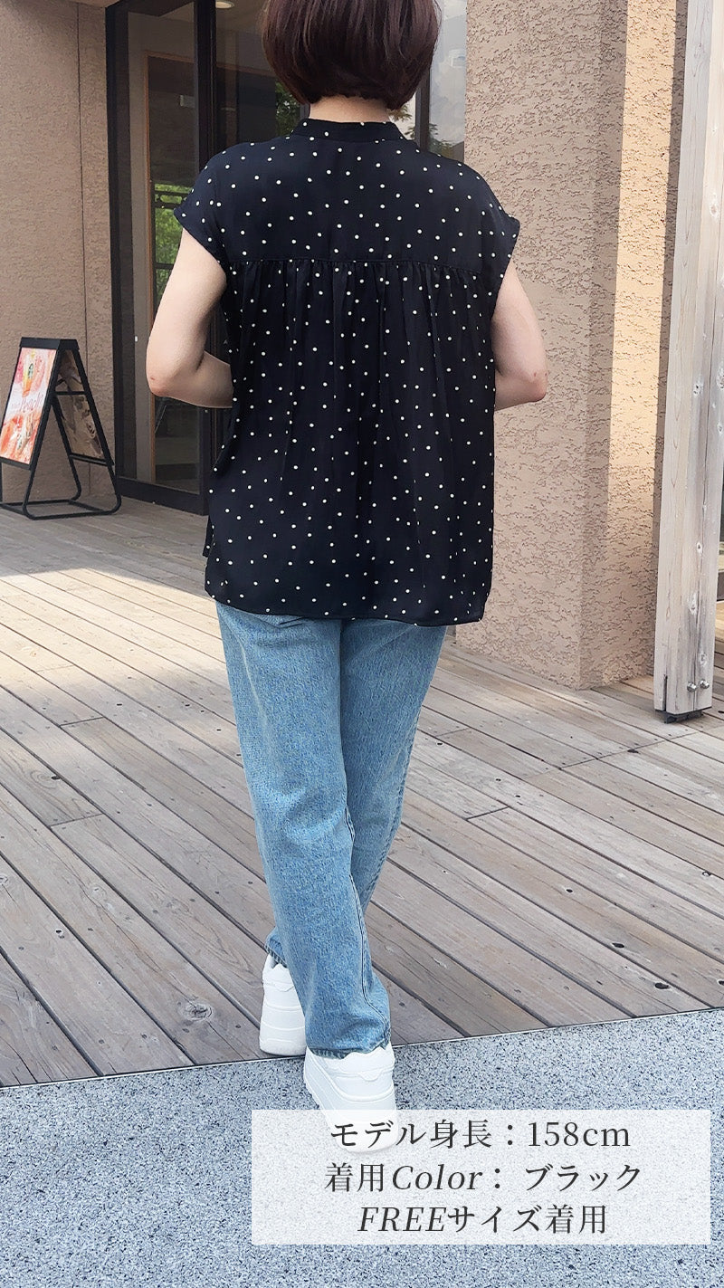 《新作🌟》サテン　ランダムドットプリント　Aラインブラウス フェリーシェル　fch822-0799