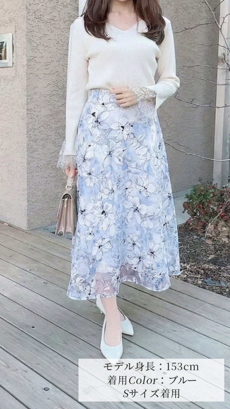 🌸追加販売🌸フラワーオーガンジーフレアスカート fch611-0788