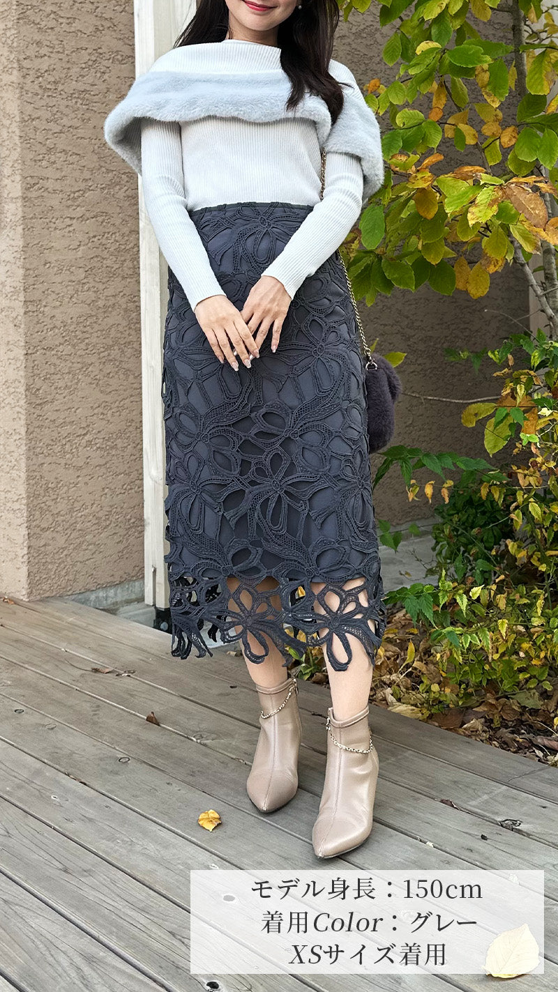 【🎀人気カラー再登場🎀】スカート　リボン柄レース　Iライン　フェリーシェル　fch611-0623