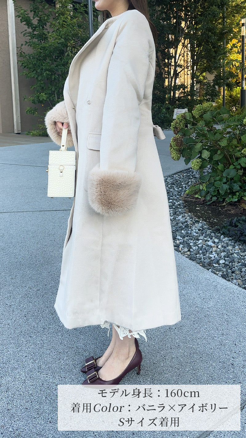 🎀コート🎀　ノーカラー　袖ファー　ロング丈　フェリーシェル　fch112-0718