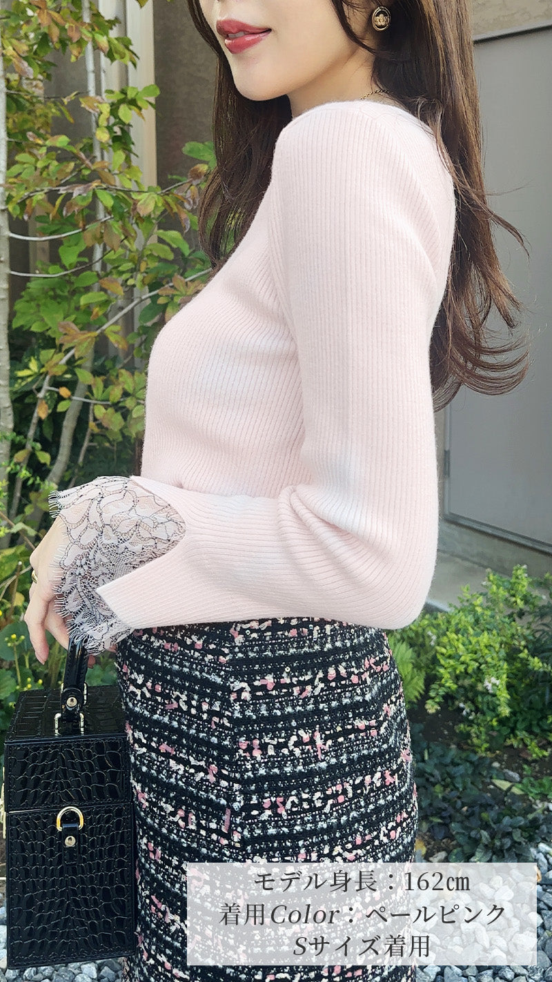🌟新色登場・先行予約販売🌟ニット　ハートネック　袖口　レース　リブ　フェリーシェル　fch412-0730