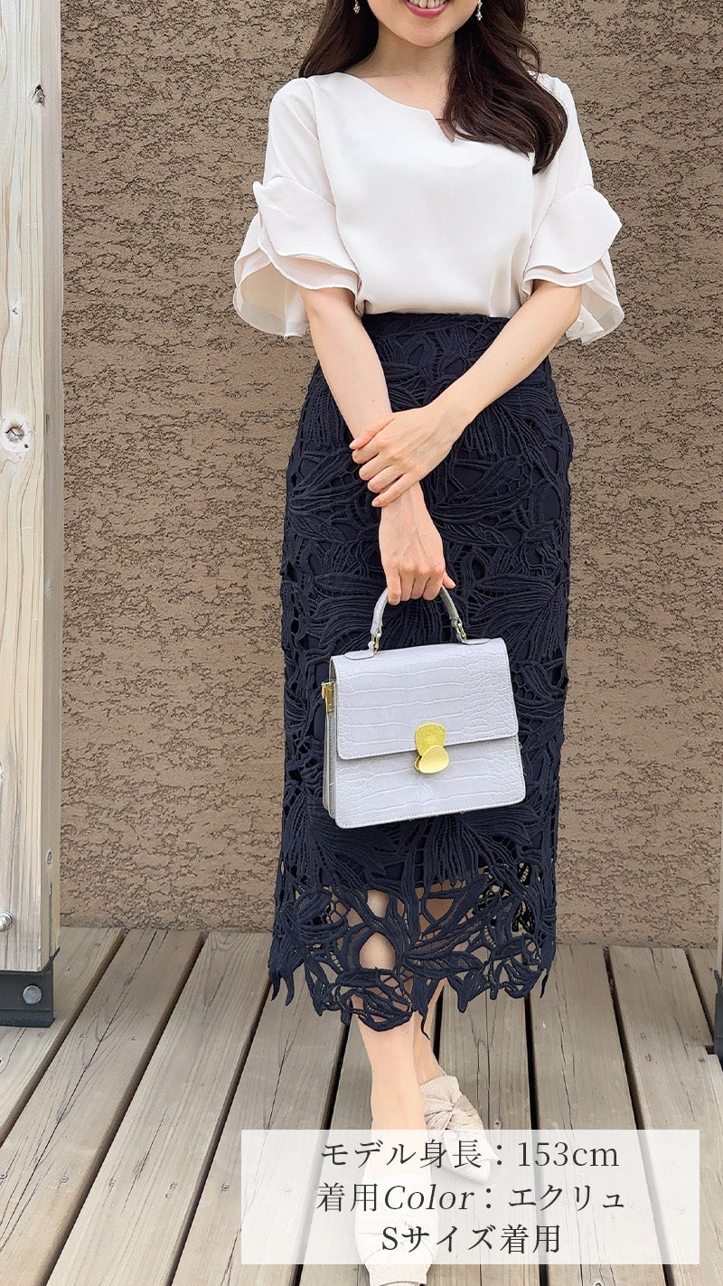 【入荷しました！即日から３営業日以内発送可能✨新色・ネイビー✨】ブラウス　2段シフォン＆フリル メタルバー 半袖 フェリーシェル　fch811-0576