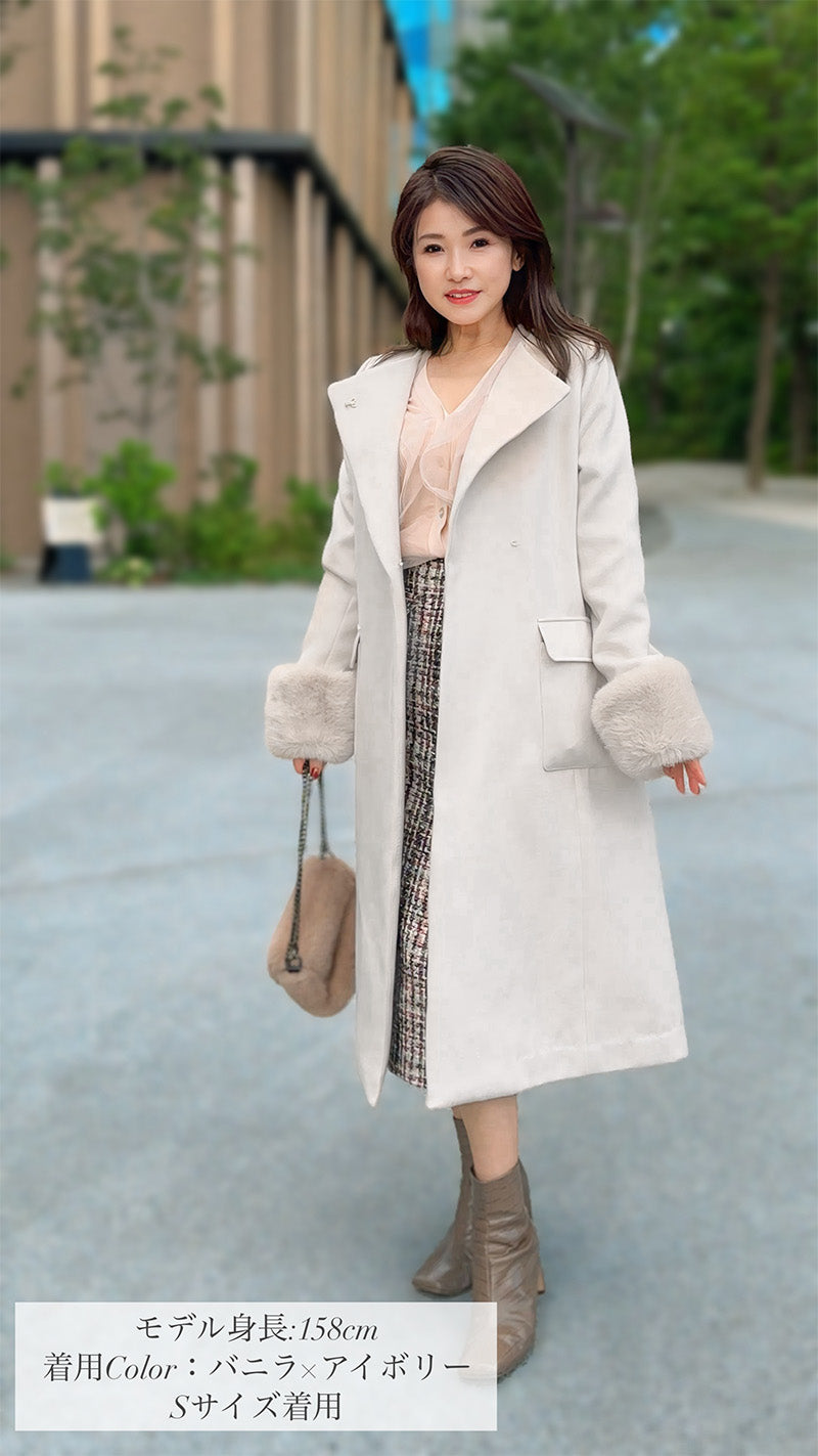 🎀コート🎀　ノーカラー　袖ファー　ロング丈　フェリーシェル　fch112-0718