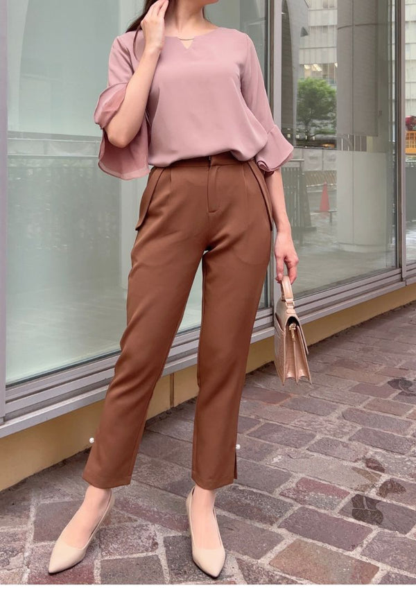 💎在庫限りの特別プライス💎パンツ　テーパード　タック　パール付き　フェリーシェル　fch712-0704