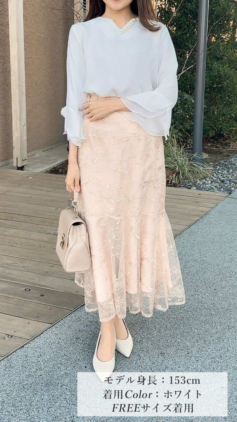 新色🌟エクリュ登場💗ブラウス 襟パール 袖2段フリル フェリーシェル