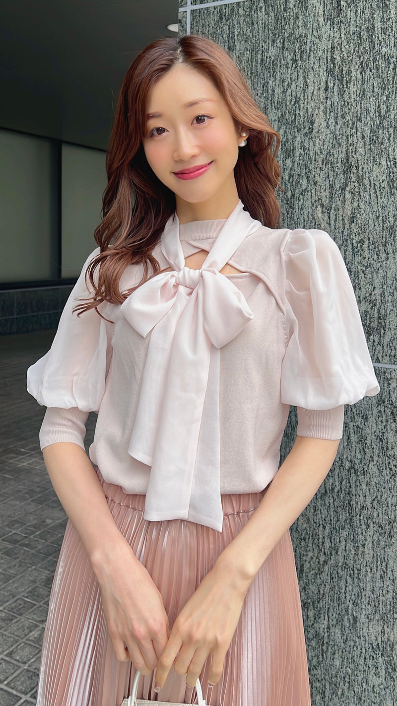【YUMI MAKINOコラボ】ニット　袖シフォン　カット　ボウタイ　フェリーシェル　fch411-0682